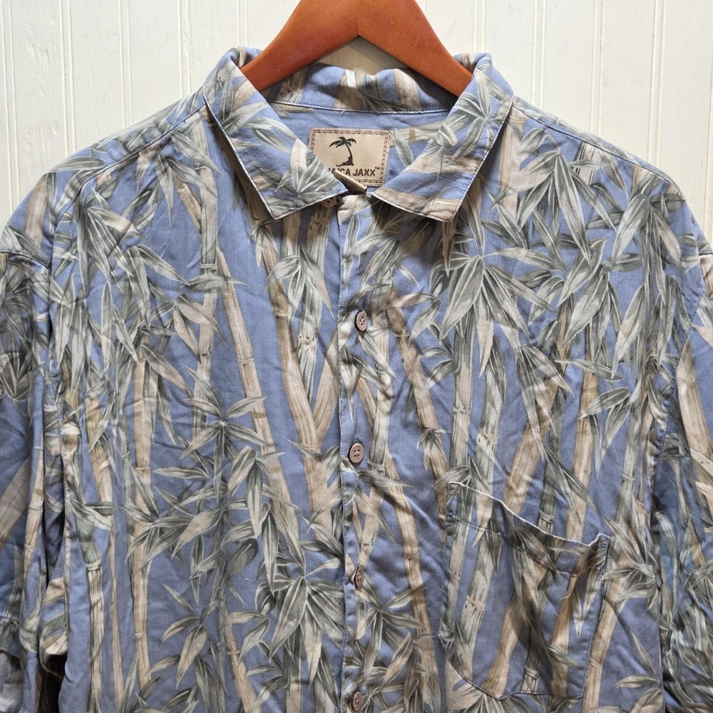 Jamaica Jaxx Shirt Mens Large Blue Bamboo Short Sleeve Hawaiian Silk Button Up